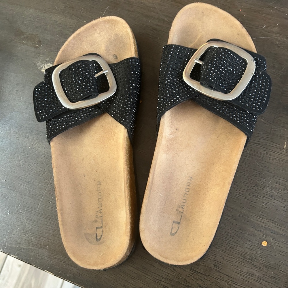 CL by Laundry Black Buckle Slide Sandals